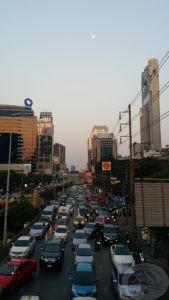 a pedestrian obstacle course, sunset traffic in bangkok